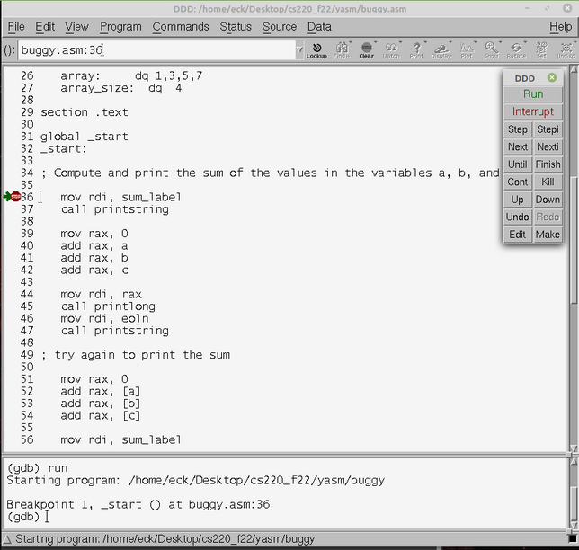 The ddd debugger window, at the start of editing buggy.asm